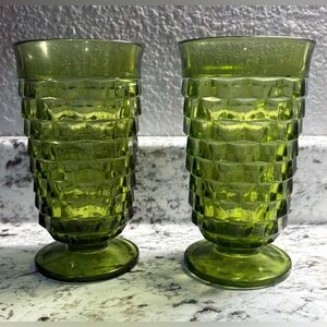 Vintage INDIANA GLASS Whitehall Avocado Green 6" Footed Tumbler Set Of 2
